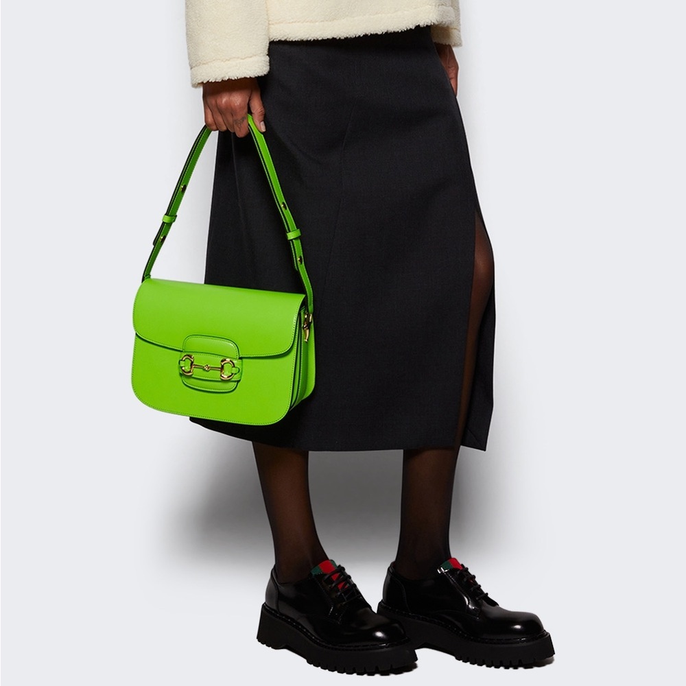 Gucci Horsebit 1955 Shoulder Bag Purse Neon Green Leather NWT Pristine Rare